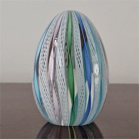 Fratelli Toso Murano Multi-Colored Ribbon Latticino Glass Paperweight Egg