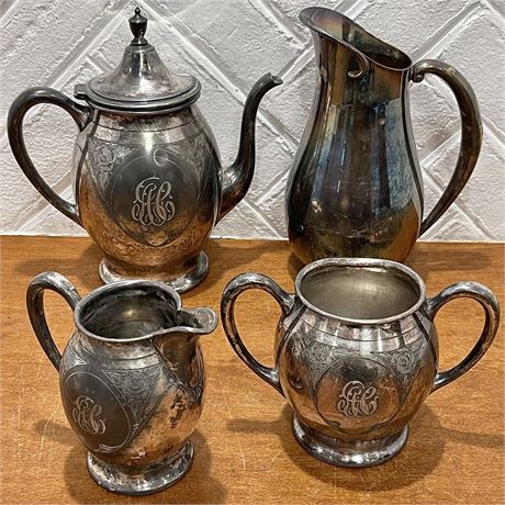 Silverplated Teapot, Sugar & Creamer Set w/ Pitcher