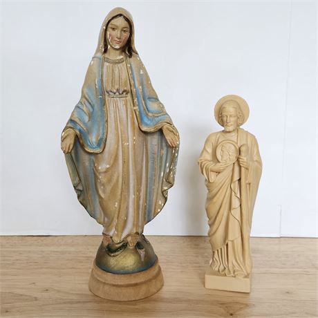 Hand carved Virgin Mary statue & vintage St. Jude plastic figure