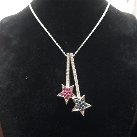 925 Silver Shooting Star Necklace 2 Stars-Pink/Blue w/Matching Chain