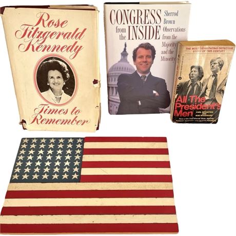 Signed Sherrod Brown Book, 14pc Wooden American Flag & Other Presidential Books