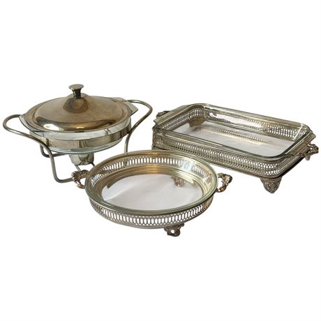 Vtg Silver Plated Buffet Servers & Food Warmer with Glass Inserts