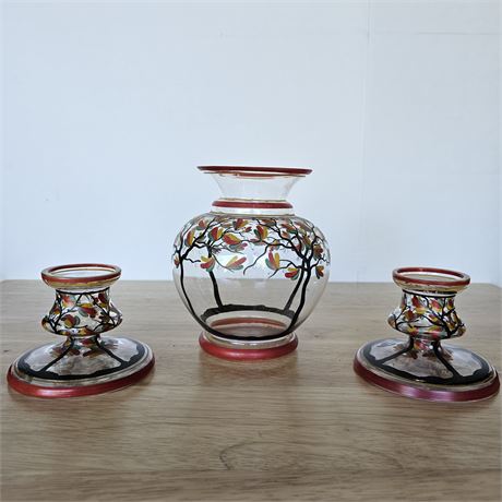 Art deco, nouveau eclectic~hand painted design glass vase & candleholder