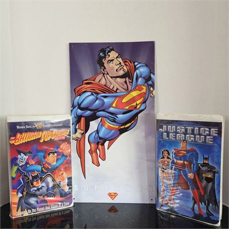 Superman Classics DC Comics Metal Sign w/2 Superhero VHS Movies