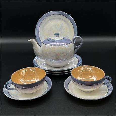Hand Painted Lusterware Japanese Tea Set with (2) Cups, (6) Plates, & Teapot