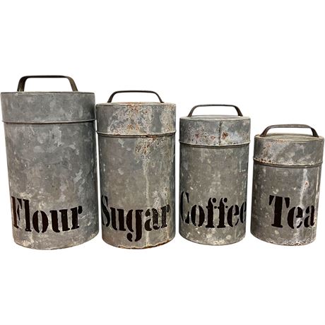 Set of 4 Vtg Vandor Galvanized Metal Kitchen Canisters