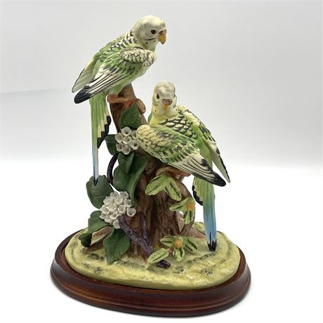 Vintage Royal Crown Pair of Parakeets Porcelain Figurine w/ Wooden Stand
