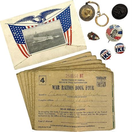 U.S. Military War Ration Books, Souvenir Views, Pins & Keychain