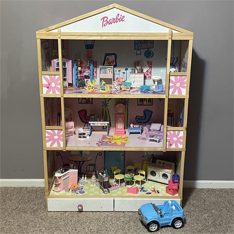 Vtg Wooden Barbie Dream House with Car and Accessories