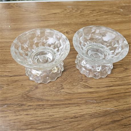 Two Fostoria American Hurricane Lamp Base Candleholders