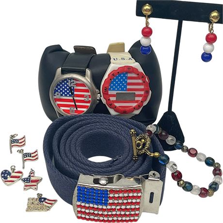 Lot of Patriotic American Flag Red White & Blue Accessories and Jewelry