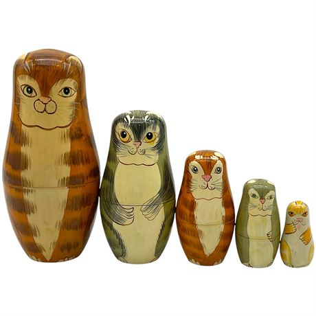Vtg 5pc Russian Matryoshka Nesting Dolls of Cats