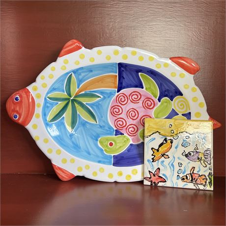 Hand-Painted Italy Turtle Serving Tray w/ Ocean Themed Hot Plate
