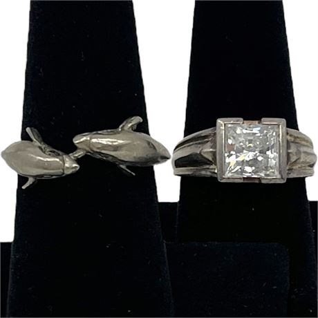 925 Sterling Silver Adjustable Dolphin and Size 8.5 Gemstone Rings