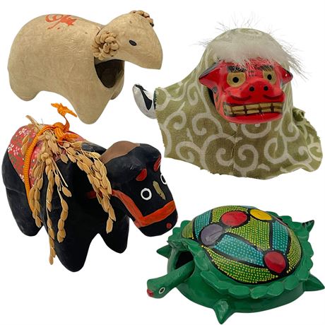 3 Japanese Paper Mache Bobble Heads w/ Wooden Turtle Bobble Head