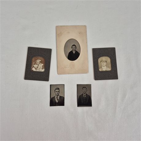 Antq Tintype Portrait Lot (5) Single Portraits incl. Girl w/Doll & 4 Gentlemen