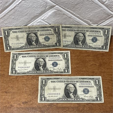 (4) 1935 & 1957 Blue Seal $1 Bill Silver Certificates w/ Double & Triple Serials
