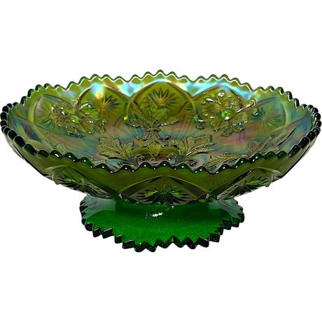 Embossed Green Carnival Glass Ruffled Compote