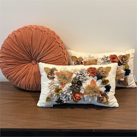Round Pleated Corduroy Pillow with Pair of Edie Home Floral Lumbar Pillows
