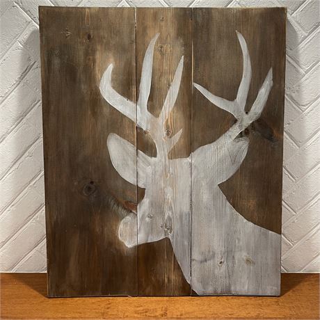 Rustic Hand-Painted Deer Head on Wooden Planks