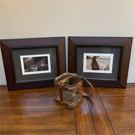 Pair of Coordinated Prints and Square Glass Candle Holder with Leather Strap