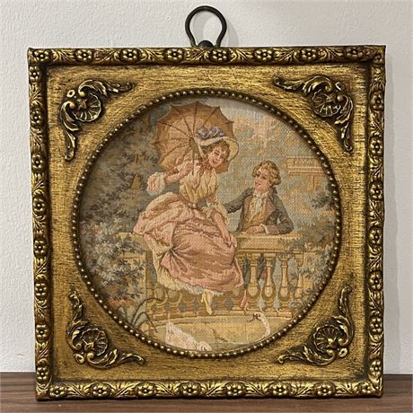Vintage Victorian Framed Courting Couple Tapestry Art - Sungott Art Studios