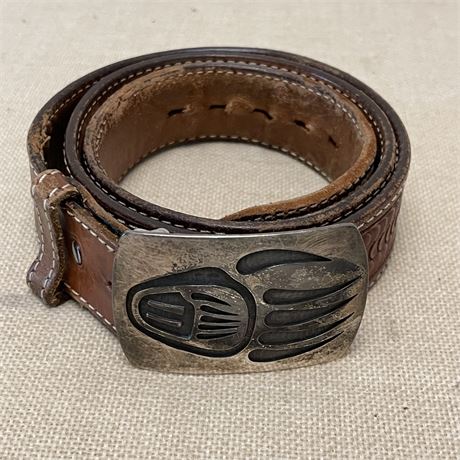 925 Sterling Silver Native American Bear Claw Belt Buckle on Size 36 Belt