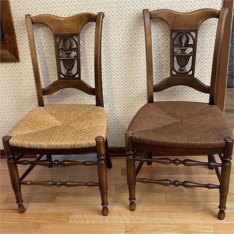 Vtg Wood Carved Back Rush Seated Dining Chairs