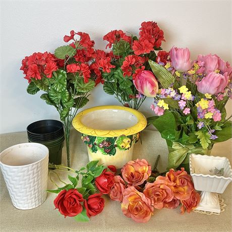 Italian Faience Pottery Embossed Pot w/ Arrangement of Silk Flowers & Planters