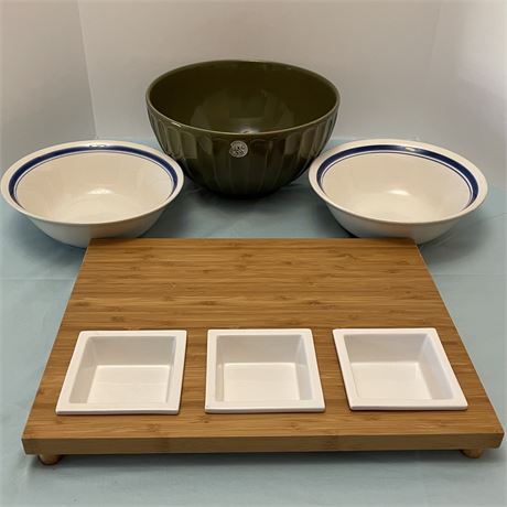 Bamboo Serving Tray & Porcelain Dip Dishes w/ Bowls