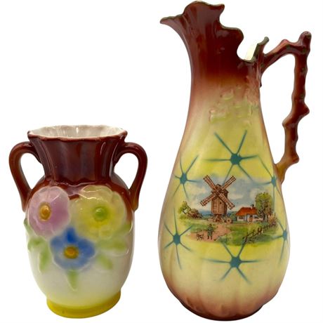 Vtg Czechoslovakian Porcelain Pastoral Scene Ewer and Raised Floral Vase