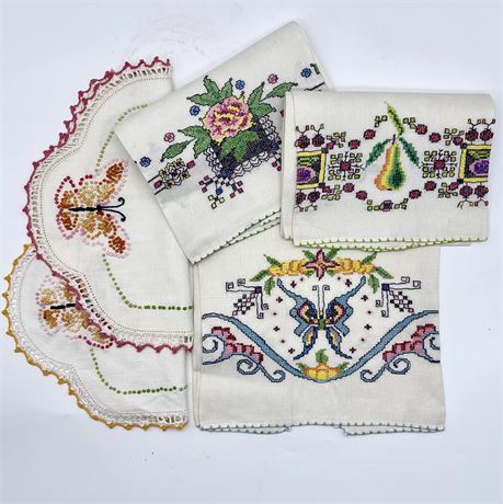 Vtg Colorful Hand Embroidered Linens