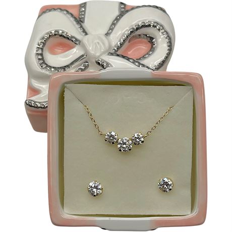 14K Yellow Gold Diamonique Cubic Zirconia JCM Necklace & Earrings Set