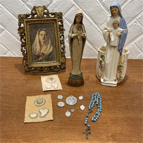 Madonna and Child Planter and Statue, Religious Medals, Rosary and More