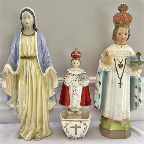Vtg Infant Jesus of Prague Statue & Holy Water Font w/ Virgin Mary Statue