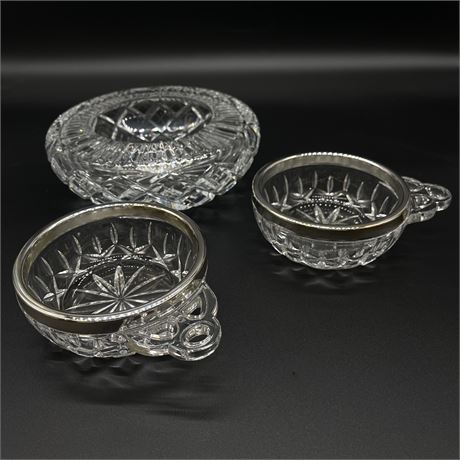 Heavy Cut Crystal Bowl w/ Pair of Crystal Handled Candy Dishes with Metal Rims
