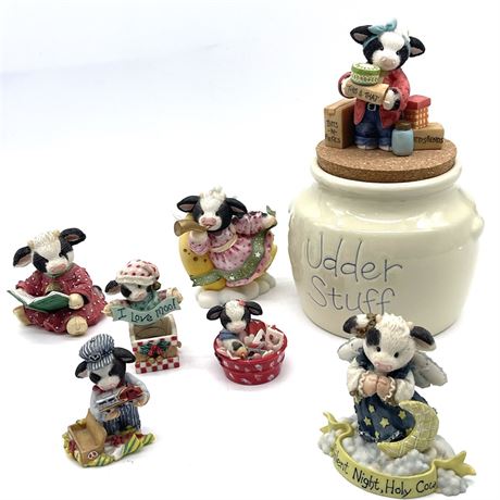 Collection of Mary Moo Moos Figurines and "Udder Stuff" Jar