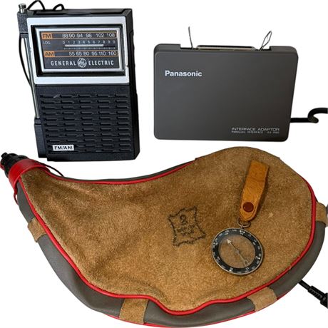Spanish Leather Bota Bag, Compass, GE AM/FM Radio & Panasonic Interface Adapter