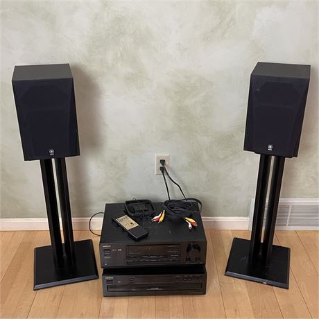 Pair of Yamaha Speakers on Stand w/ Onkyo Receiver and Disc Player