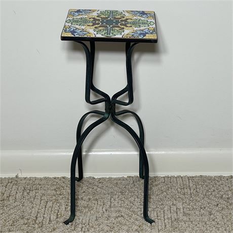 Mexican Wrought Iron and Hand-Painted Talavera Tile Plant Stand / Side Table