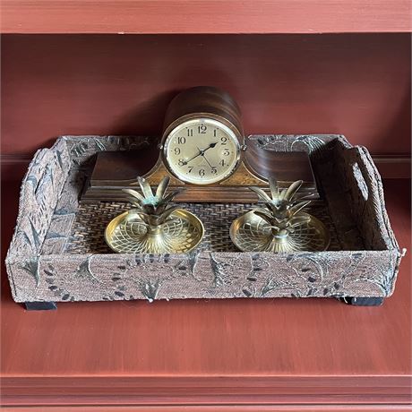 Pair of India Brass Pineapple Candle Holders & Mantel Clock in Decorative Tray