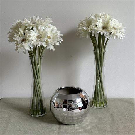 Pair of Faux Daisy Arrangements in Acrylic Water with Mirrored Facet Ball Vase