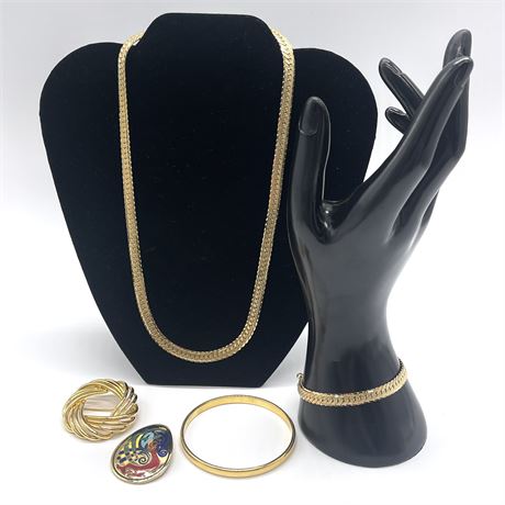 Gold Tone Herringbone Necklace and Bracelet with Brooches and Bangle Bracelet